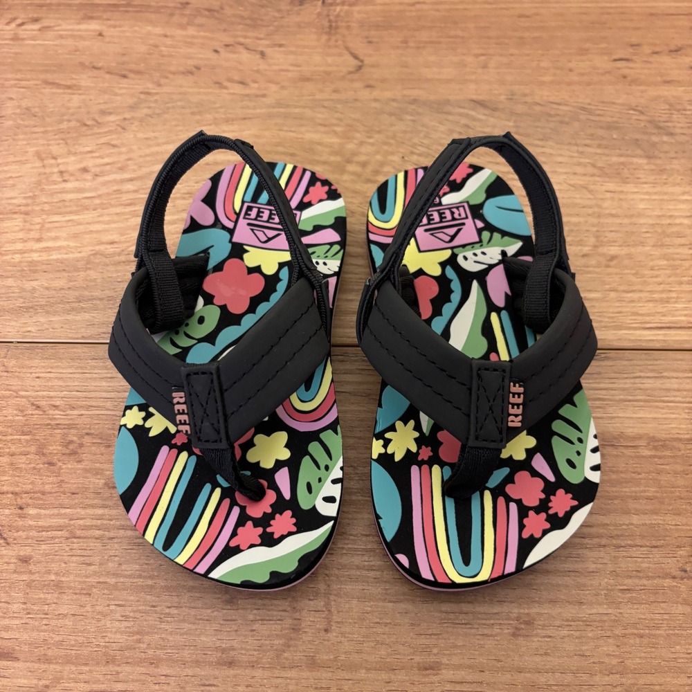 REEF Little Ahi Water-Friendly Flip-Flop Tropical Rainbow Black Kids Size 6 Pool - Picture 4 of 11